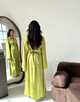 Daniyah Lime Green Side Wrap Buckle Collar Elegant Dress