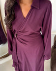 Daniyah Plum Side Wrap Buckle Collar Elegant Dress