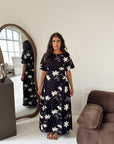 Daniyah Black Floral Embroidered Short Sleeve Summer Dress
