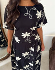 Daniyah Black Floral Embroidered Short Sleeve Summer Dress