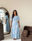 Daniyah Blue Floral Embroidered Short Sleeve Summer Dress