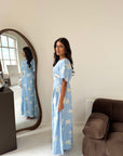 Daniyah Blue Floral Embroidered Short Sleeve Summer Dress
