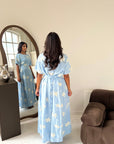 Daniyah Blue Floral Embroidered Short Sleeve Summer Dress