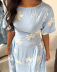 Daniyah Blue Floral Embroidered Short Sleeve Summer Dress