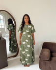 Daniyah Khaki Floral Embroidered Short Sleeve Summer Dress