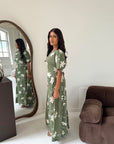 Daniyah Khaki Floral Embroidered Short Sleeve Summer Dress