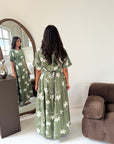 Daniyah Khaki Floral Embroidered Short Sleeve Summer Dress