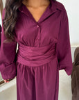 Daniyah Plum Plain Waist Tie Summer Collar Shirt Dress