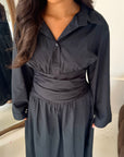 Daniyah Black Plain Waist Tie Summer Collar Shirt Dress