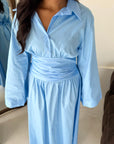Daniyah Blue Plain Waist Tie Summer Collar Shirt Dress