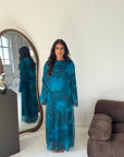 Daniyah Blue Floral Cape Mesh Tie Back Summer Dress