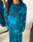 Daniyah Blue Floral Cape Mesh Tie Back Summer Dress