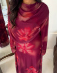 Daniyah Plum Floral Cape Mesh Tie Back Summer Dress