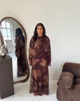 Daniyah Brown Floral Cape Mesh Tie Back Summer Dress
