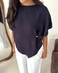 Daniyah Navy Batwing Sleeveless Gold Button Summer Top