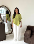 Daniyah Lime Green Batwing Sleeveless Gold Button Summer Top