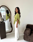 Daniyah Lime Green Batwing Sleeveless Gold Button Summer Top