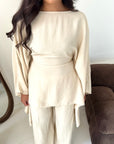 Daniyah Beige Cape Tie Back Top Trouser Co Ord Set