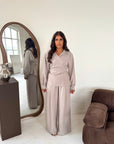 Daniyah Mocha Plain Collar Neck Tie Back Trouser Co Ord Set