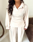 Daniyah Beige Plain Collar Neck Tie Back Trouser Co Ord Set