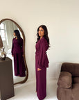 Daniyah Wine Plain Collar Neck Tie Back Trouser Co Ord Set