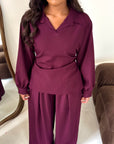 Daniyah Wine Plain Collar Neck Tie Back Trouser Co Ord Set