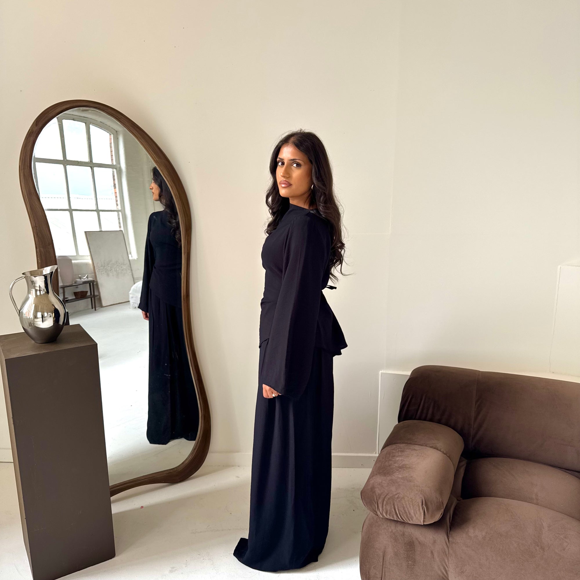 Daniyah Black Asymmetrical Tie Back Top Trouser Co Ord Set