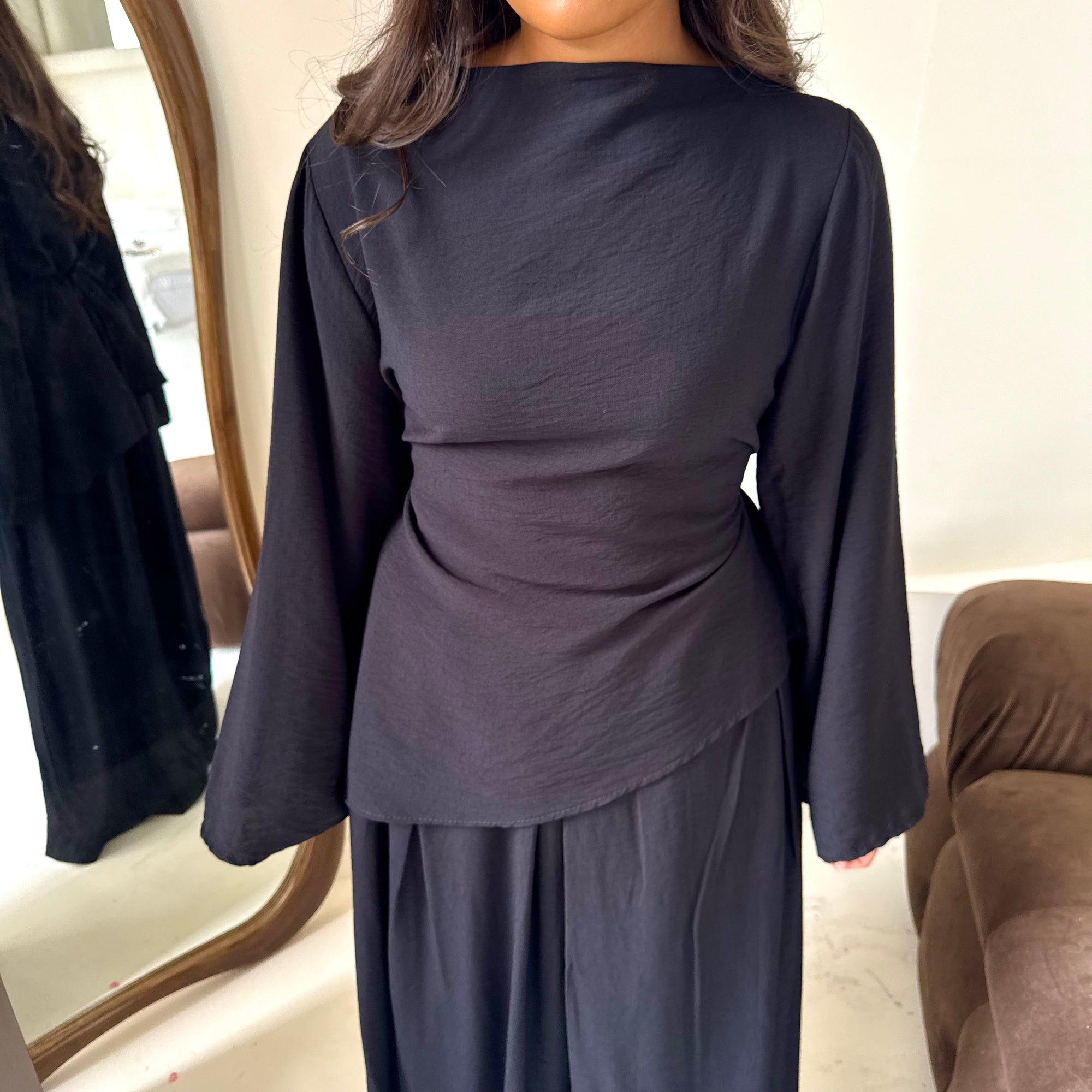 Daniyah Black Asymmetrical Tie Back Top Trouser Co Ord Set