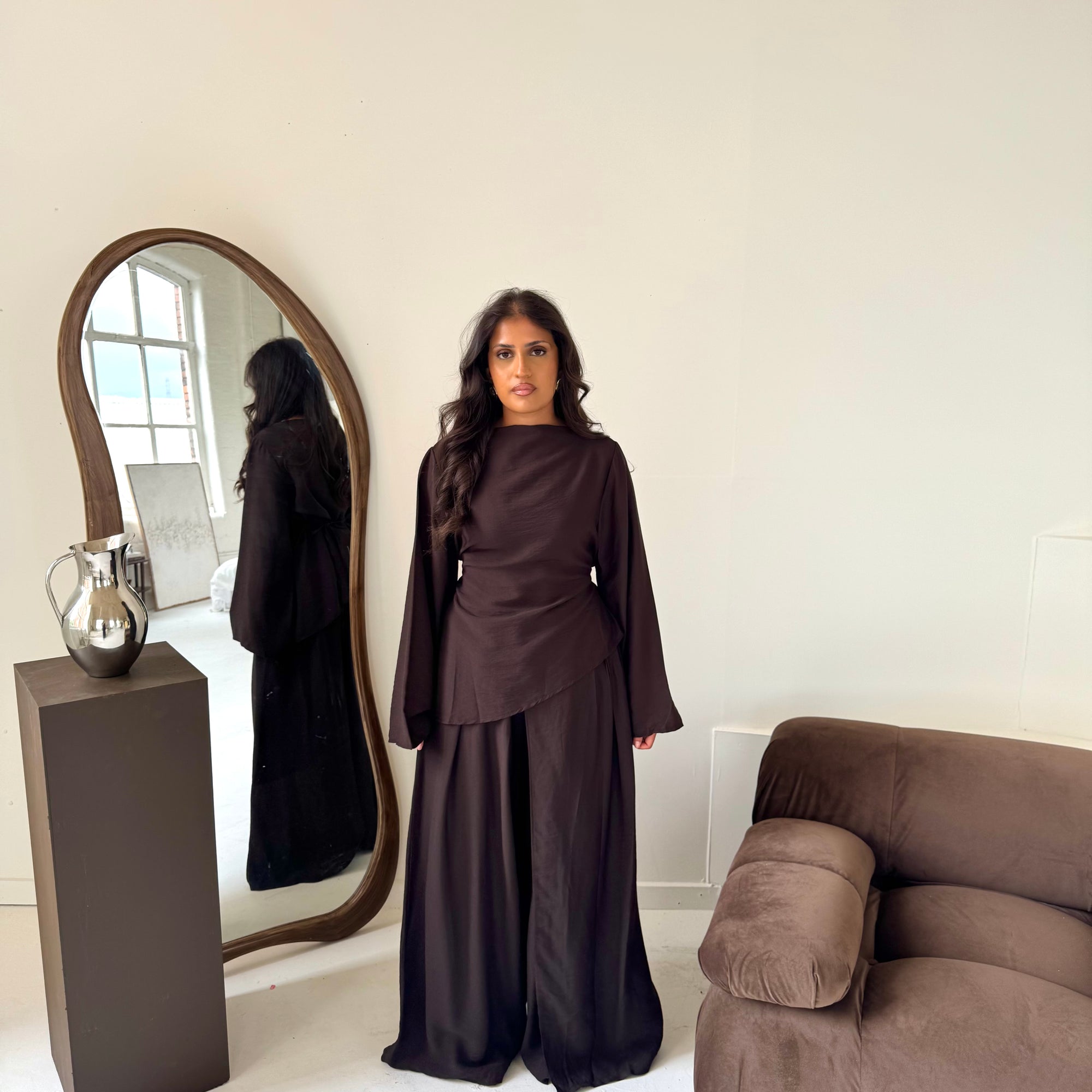 Daniyah Brown Asymmetrical Tie Back Top Trouser Co Ord Set