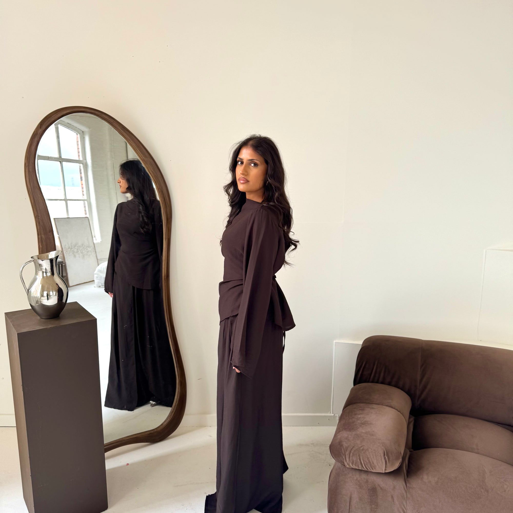 Daniyah Brown Asymmetrical Tie Back Top Trouser Co Ord Set