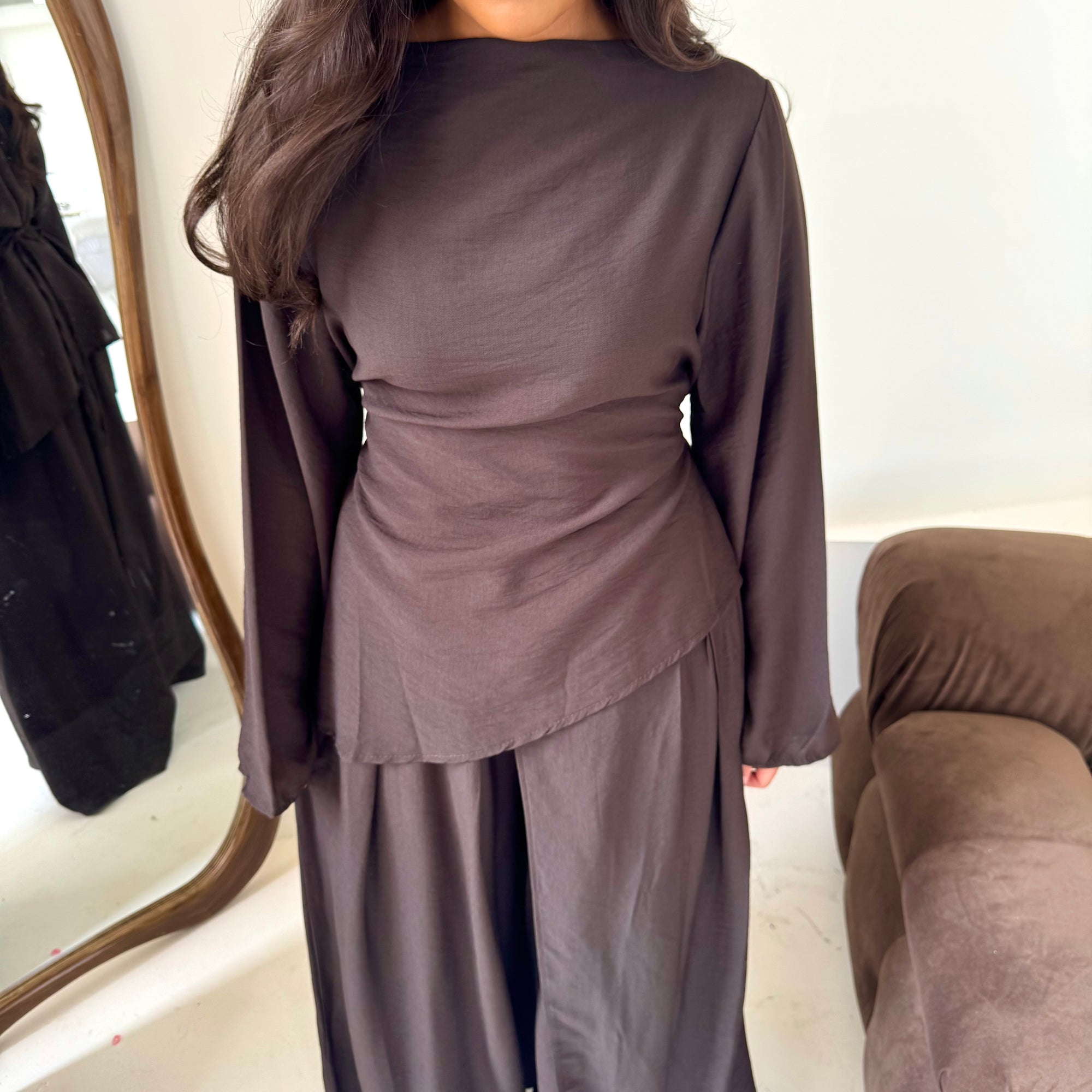 Daniyah Brown Asymmetrical Tie Back Top Trouser Co Ord Set