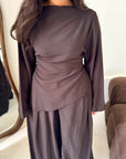 Daniyah Brown Asymmetrical Tie Back Top Trouser Co Ord Set