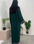 Bella Emerald Green V Neck Diamante Trim Modest Wear Abaya Dress