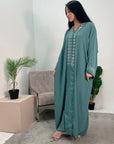 Bella Aqua V Neck Diamante Trim Modest Wear Abaya Dress