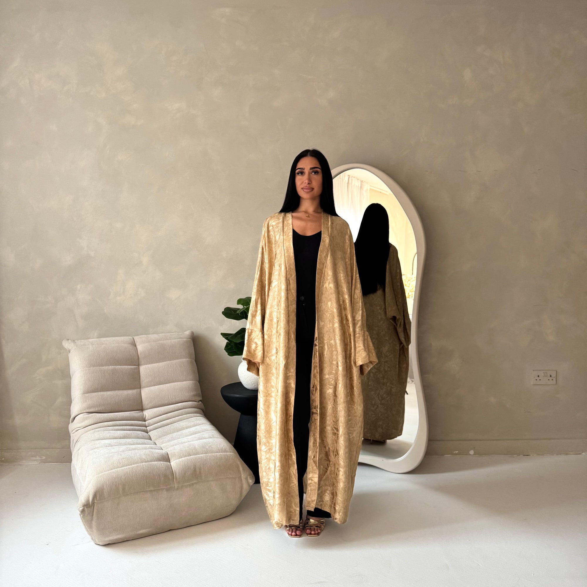 Nadia Beige Floral Print Modest Abaya Jacket