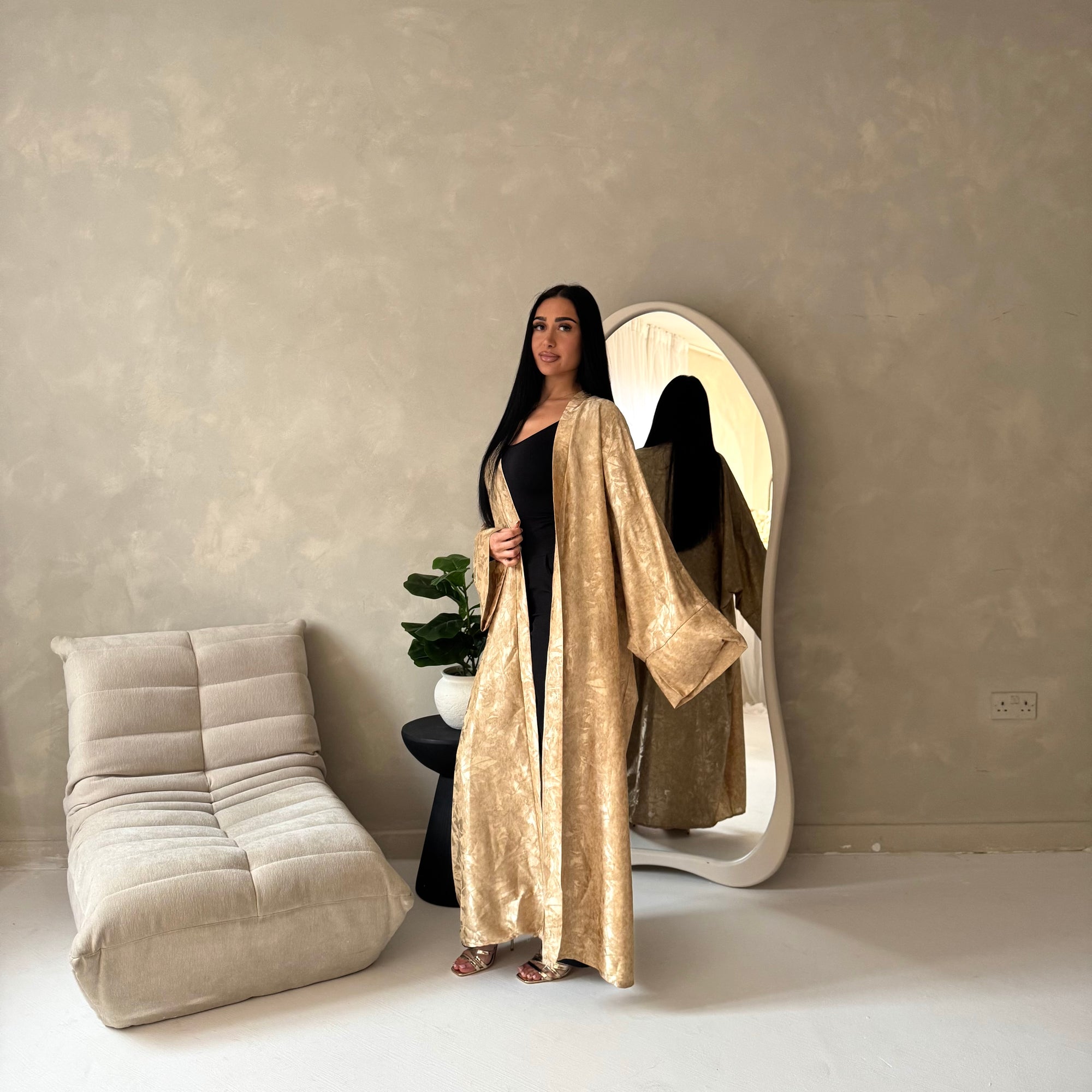 Nadia Beige Floral Print Modest Abaya Jacket