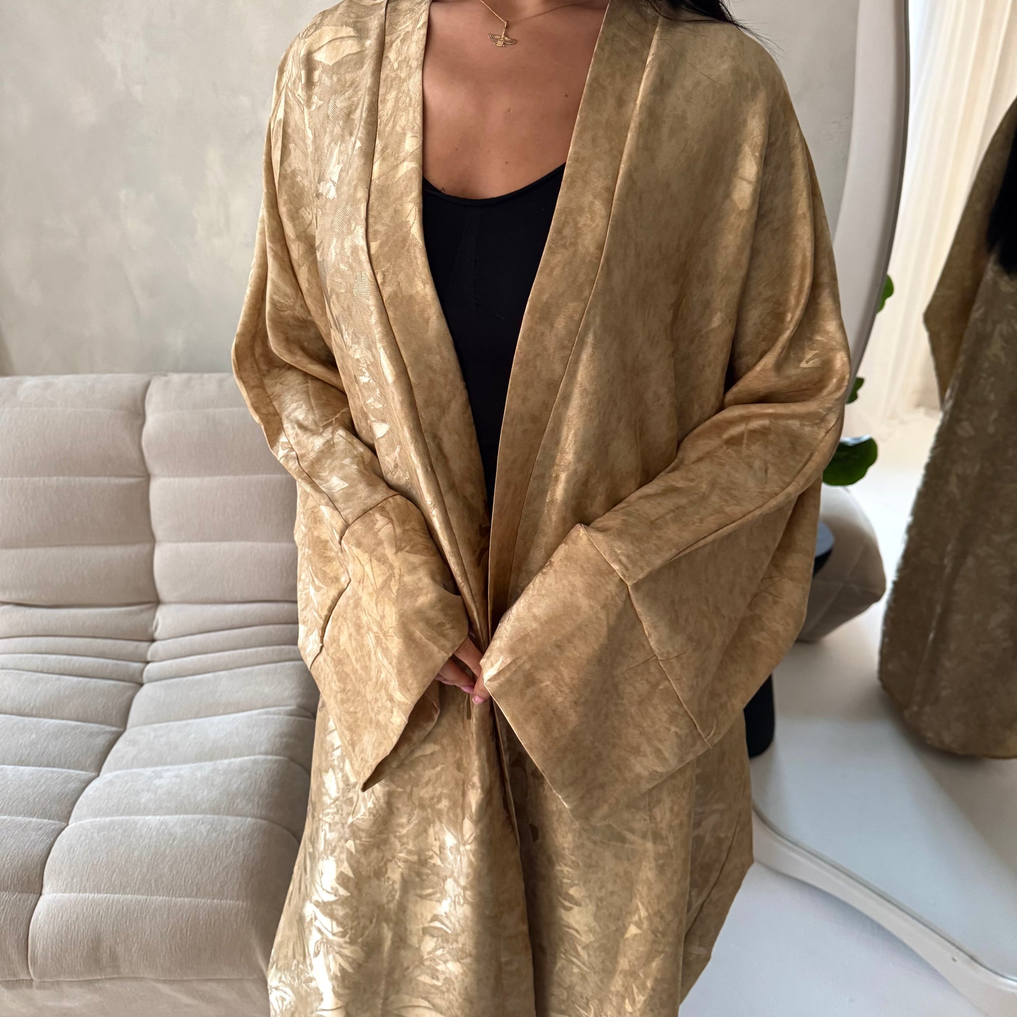 Nadia Beige Floral Print Modest Abaya Jacket