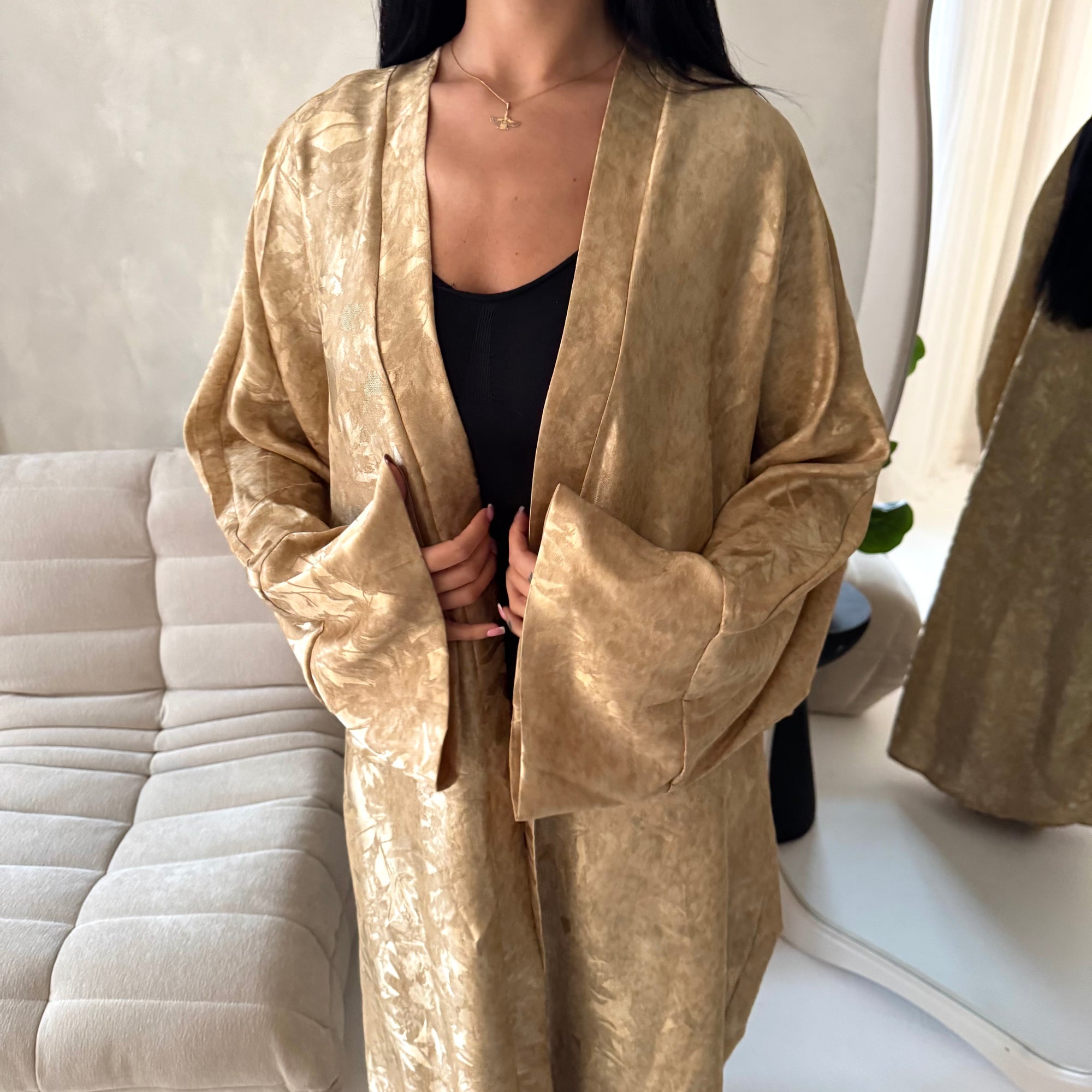 Nadia Beige Floral Print Modest Abaya Jacket