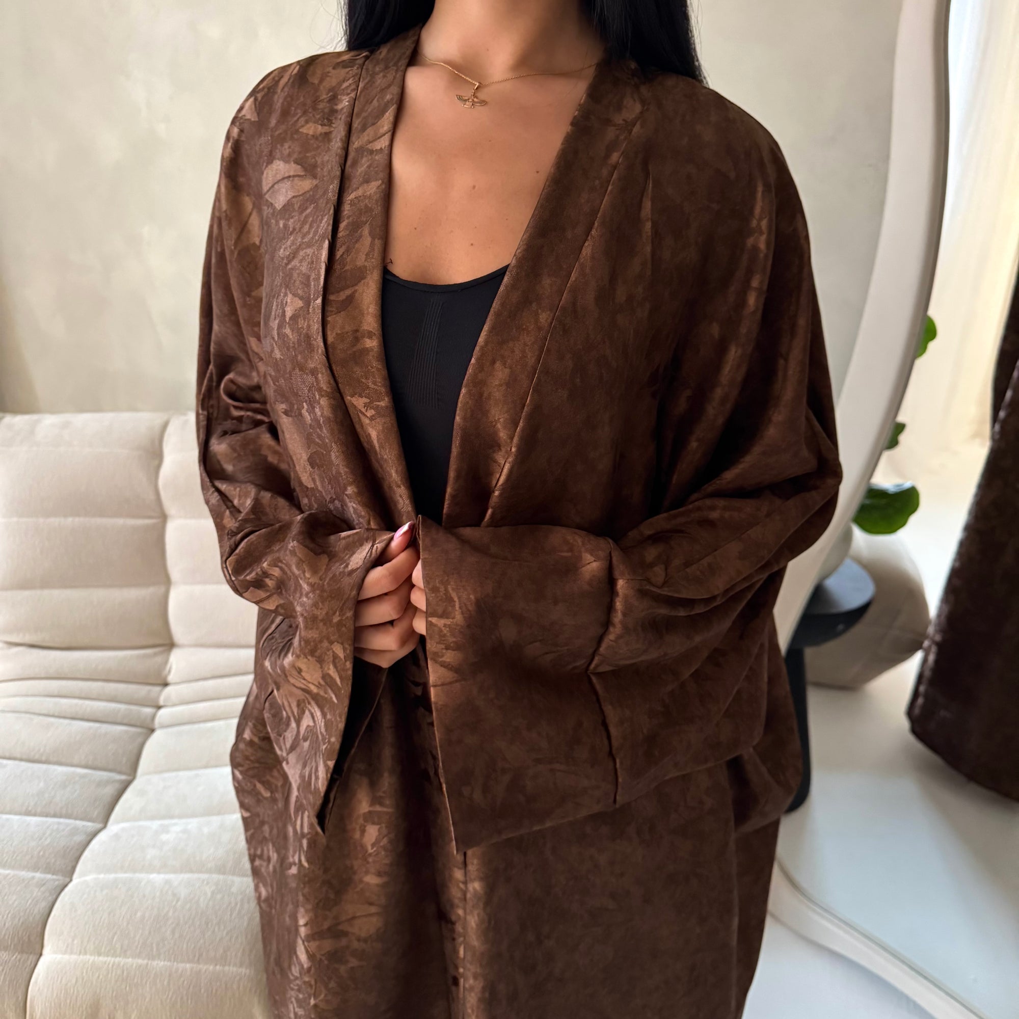 Nadia Brown Floral Print Modest Abaya Jacket