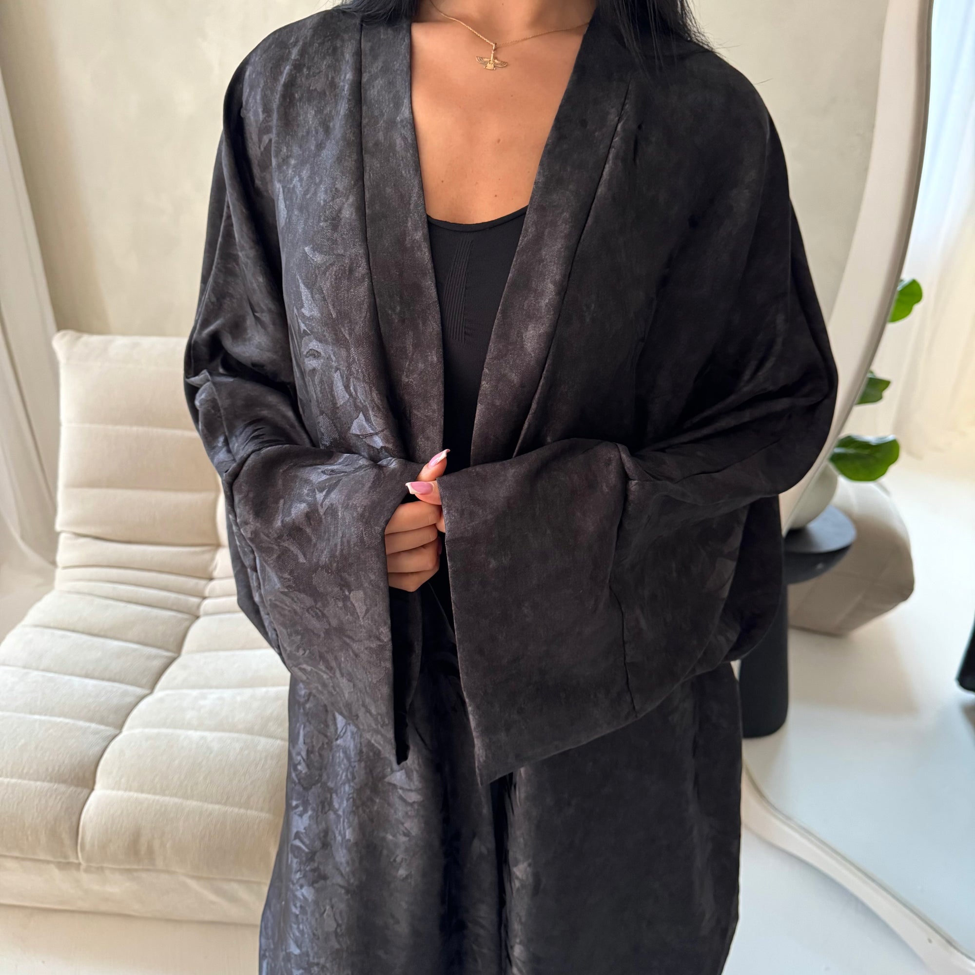 Nadia Black Floral Print Modest Abaya Jacket