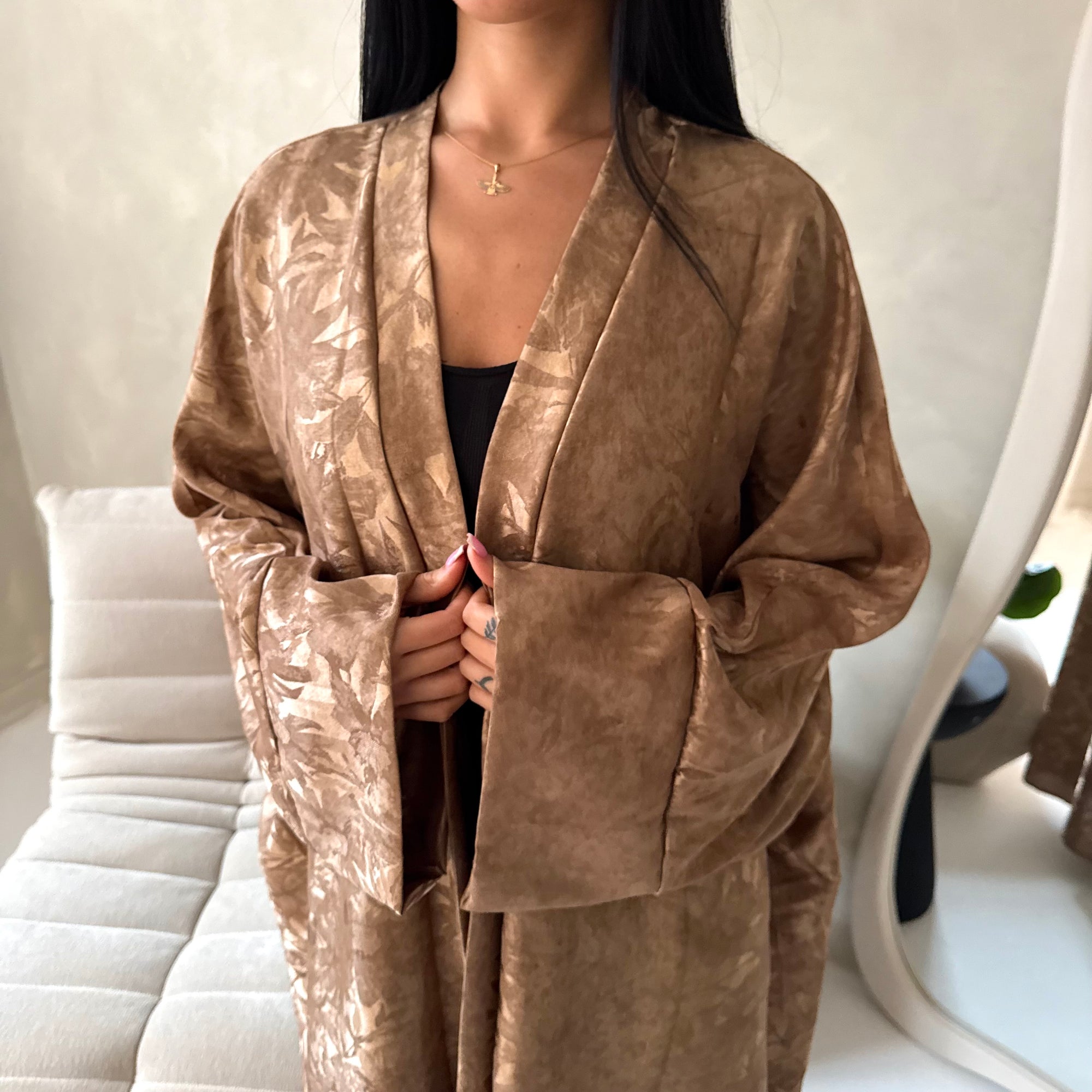 Nadia Mocha Floral Print Modest Abaya Jacket