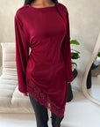 Beyi Wine Lace Assymetrical Satin Midi Dress