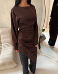 Beyi Brown Lace Assymetrical Satin Midi Dress