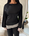 Hayat Black With White Lace Satin Tie back Lace Detail Top