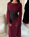 Luna Wine Lace Detail Tie Back Modest Dress