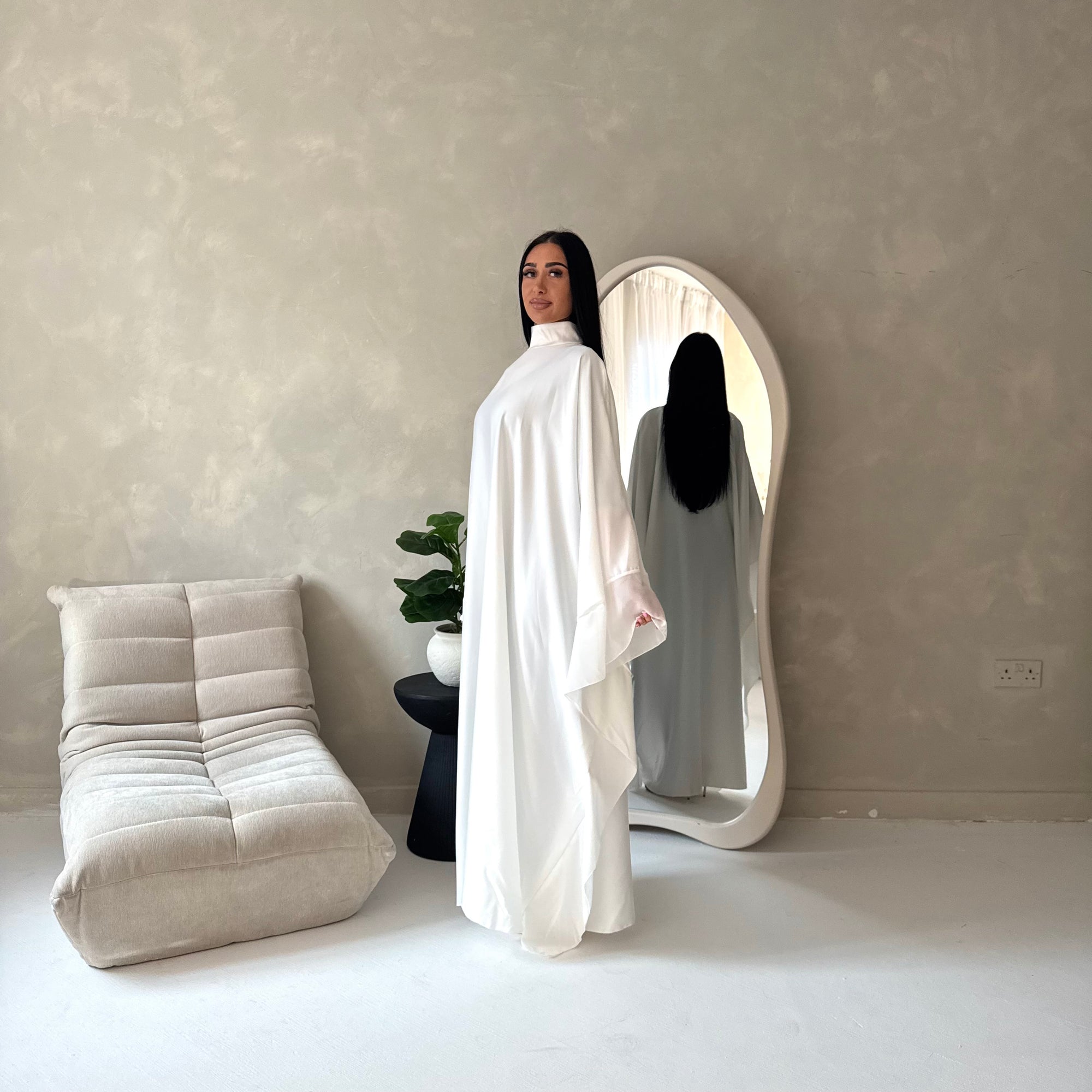 Maya White Satin Kaftan With Neck Scarf Dress