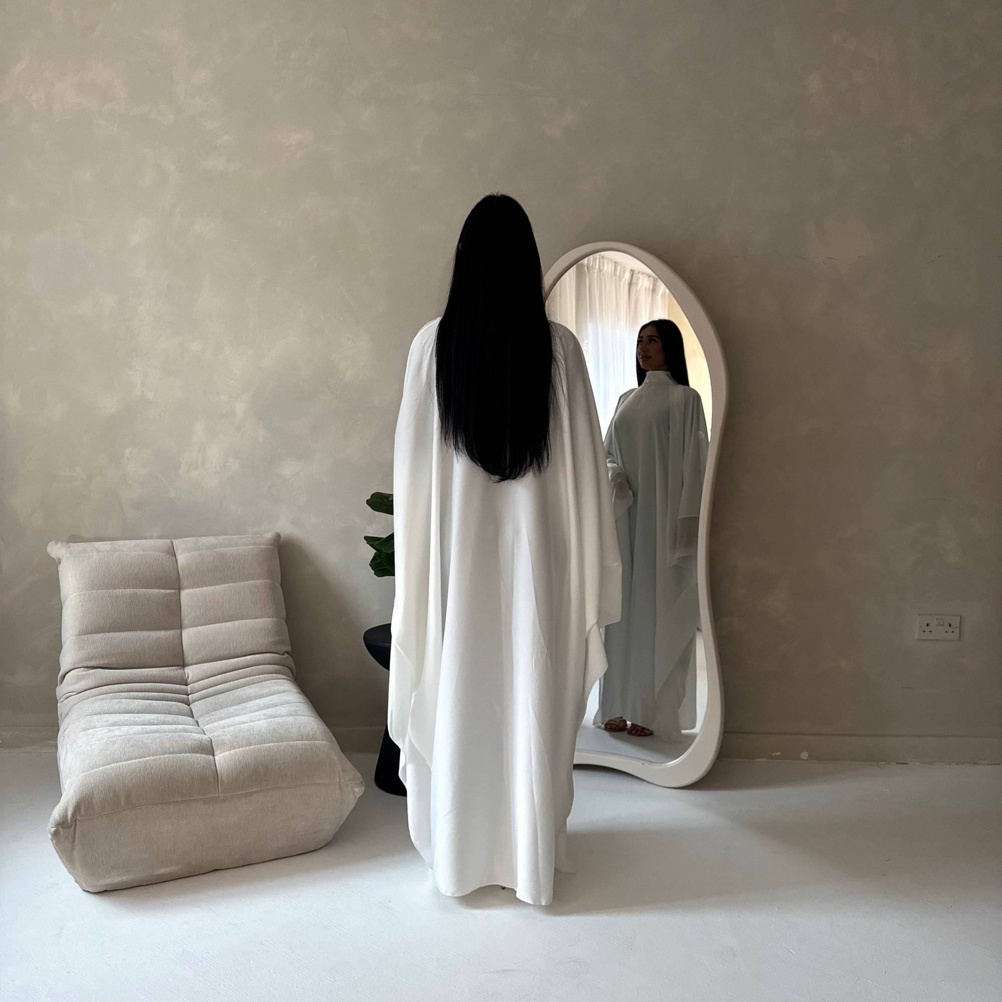 Maya White Satin Kaftan With Neck Scarf Dress