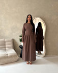 Elani Brown Button Detail Plain Smock Dress