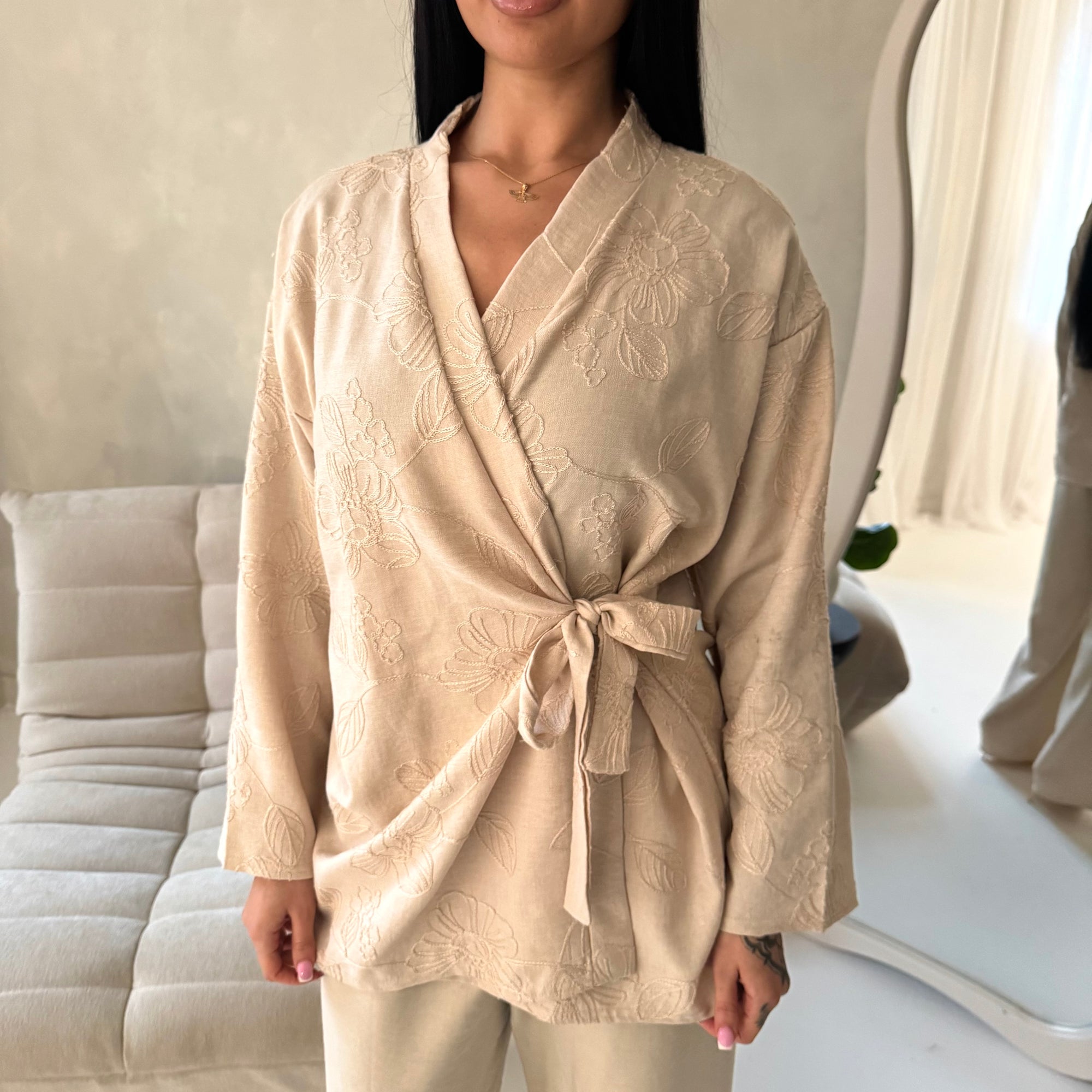 Anita Beige &amp; Cream Floral Embroidery Linen Co-ord Set