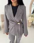 Mara Grey Tailored Gold buckle Blazer Co Ord Set